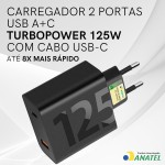 Carregador Turbo 125W Duas Portas + Cabo USB Tipo C de 1m, Compatível com Tipo C, Iphone 15,16, IOS, Android, Galaxy, Xiaomi, Motorola, Samsung, Tablets, Notebooks, Carga até 8x + Rápida Premium - Imagem 2