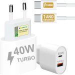 Carregador Turbo 40W Compatível iPhone 17 Air 17 Pro 17 Pro Max 16 16 Pro 16 Pro Max 15 15 Pro 15 Max iPad iOS Cabo USB-C Celular Tipo-C Duas Saídas USB-A Rápida PD Ultra Resistente Original 10CLICK®