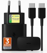Carregador Turbo Compativel c/Samsung Galaxy, Motorola, Novo Iphone 15/16 - Fonte 25W Ultra,Carregamento Rápido, Tipo C + USB, Acompanha Cabo Tipo C, para Android/IOS - Certificado Premium Black
