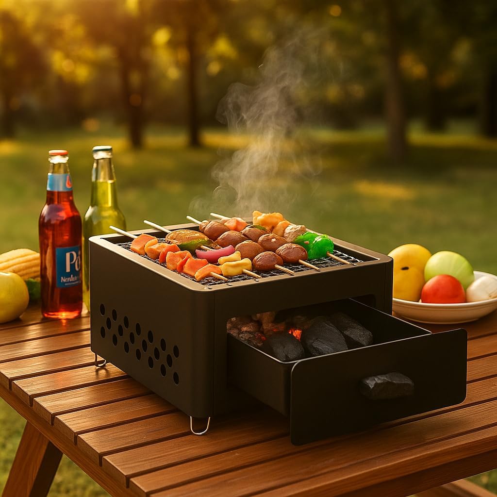 Churrasqueira-Portatil-A-Carvao-Premium-Em-Ferro-Com-Gaveta-Para.jpg Churrasqueira Portátil À Carvão Premium Em Ferro, Com Gaveta Para Cinzas, Ventilação Lateral, Ideal Para Camping, Piqueniques E Churrasco Ao Ar Livre, Marca VARENZIA