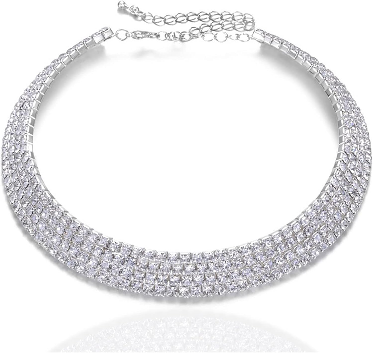 Colar-gargantilha-de-strass-colar-de-diamante-prata-Kucheed-4.jpg Colar gargantilha de strass, colar de diamante prata Kucheed 4 fileiras, corrente de cristal brilhante, joias, moda dama de honra, casamento, festa, formatura, acessórios, colares brilhantes para
