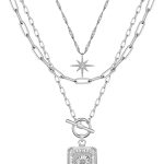 Colares em camadas para mulheres modernos, banhado a ouro 14K, simples, gargantilha quadrada com pingente de flor, colar de corrente de clipe de papel, colares de ouro, joias para presentes