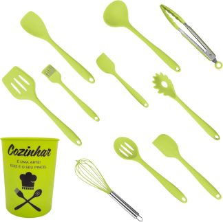Colheres de Silicone para Cozinha, Kit Premium com 10 utensílios + pote, LionLemon Store (Verde)