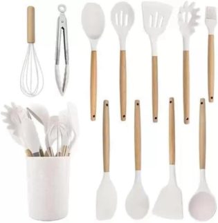 Conjunto de Utensílios de Cozinha, 12 Peças, Cabo de Madeira, Silicone Branco, com Suporte