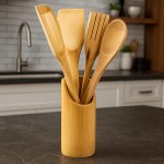 Conjunto de Utensílios de Cozinha em Bambu, 5 Peças com Suporte, Colher, Garfo e Espátulas Natural Ecológico Resistente ao Calor Design Sofisticado Material Durável e Não Pega Cheiro - Imagem 2