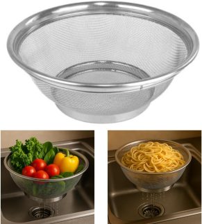 Escorredor de Alimentos/Macarrão Multiuso em Aço Inox, 28cm, Malha Fina, para Frutas, Massas e Grãos