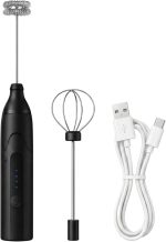 Espumador de Leite Elétrico e Mixer Portátil USB Recarregável – 3 Velocidades Potentes com 2 Cabeças (Mola e Fouet) – Batedor em Inox para Café, Cappuccino, Shakes e Ovos