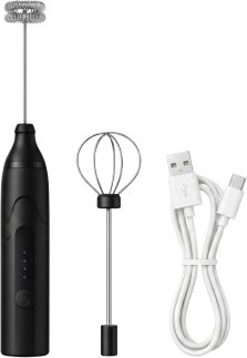 Espumador de Leite Elétrico e Mixer Portátil USB Recarregável – 3 Velocidades Potentes com 2 Cabeças (Mola e Fouet) – Batedor em Inox para Café, Cappuccino, Shakes e Ovos
