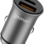 Geonav Carregador Veicular SuperPower Mini 20W Carregamento Rápido, 2 portas - 1 USB A (18W quick charge) e 1 USB C (20W Power Delivery), CHV20PDQCSG, Alumínio Cinza