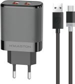 H'MASTON Carregador 2 Portas Usb 5.1A Rápido Com Cabo 1 Metro Compatível Com Celular Android iPhone Samsung (PRETO, V8)