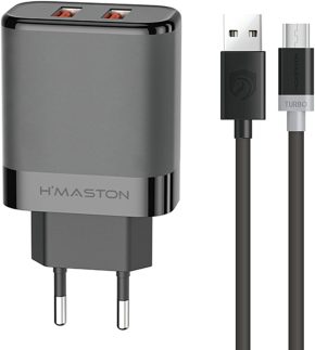 H'MASTON Carregador 2 Portas Usb 5.1A Rápido Com Cabo 1 Metro Compatível Com Celular Android iPhone Samsung (PRETO, V8)