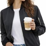 Jaqueta feminina bomber casual com zíper, leve, corta-vento com bolsos, cor lisa, P-2GG