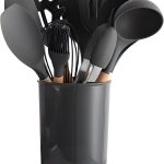 KIT 12 Utensílios Para Cozinha de Silicone Com Cabo de Madeira Antiaderente e Resistente ao Calor Conjunto Completo Premium BPA Free (Preto)