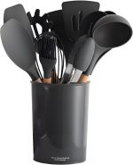 KIT 12 Utensílios Para Cozinha de Silicone Com Cabo de Madeira Antiaderente e Resistente ao Calor Conjunto Completo Premium BPA Free (Preto)