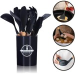 KIT 12 Utensílios Para Cozinha de Silicone Com Cabo de Madeira Antiaderente e Resistente ao Calor Conjunto Completo Premium BPA Free (Preto) - Imagem 2