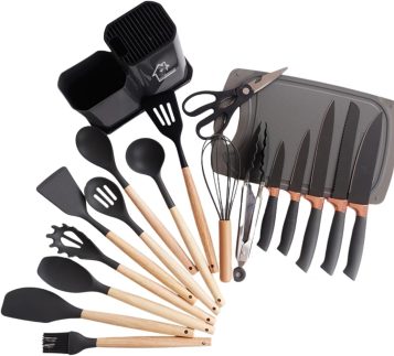 Kit 19 Peças Utensílios para Cozinha Completo Silione e Madeira (Preto)
