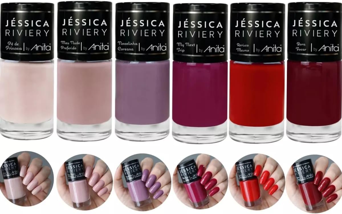 Kit-6-Esmaltes-Anita-Colecao-Jessica-Riviery-Cores-Vibrantes.jpg Kit 6 Esmaltes Anita Coleção Jéssica Riviery - Cores Vibrantes, Alta Pigmentação, Secagem Rápida, Pincel Flat Profissional
