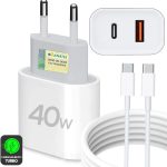 Kit Carregador Super Turbo 40W Porta Dupla (USB-C + USB-A) + Cabo USB Tipo-C, Compatível com Todos Dispositivos, Celulares Samsung, Motorola, iPhone 15/16, Tablets, Notebooks - Android e IOS