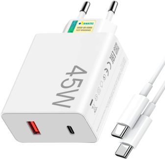 Kit Carregador Turbo 45W com Cabo Tipo-C, Fonte USB-C Bivolt Homologada pela Anatel, Carregador Rápido para iPhone, Android, Xiaomi e Tablets