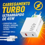 Kit Carregador Turbo 45W com Cabo Tipo-C, Fonte USB-C Bivolt Homologada pela Anatel, Carregador Rápido para iPhone, Android, Xiaomi e Tablets - Imagem 2