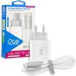 Kit Carregador de Parede Ultra Rápido com 1 Saída USB-C Power Delivery 20W + Cabo iPhone/Lightning + USB-C i2GO Certificado MFi 1,5m 3A Branco