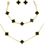 Kit Colar Choker Pulseira E Brinco Trevo Preto Gargantilha Sorte Luxo Elegante Virginia Aço Inox Dourado Inspire by Adriana