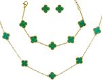 Kit Colar Choker Pulseira E Brinco Trevo Verde Gargantilha Sorte Luxo Elegante Virginia Aço Inox Dourado Inspire by Adriana