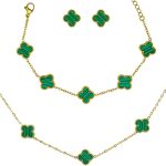 Kit Colar Choker Pulseira E Brinco Trevo Verde Gargantilha Sorte Luxo Elegante Virginia Aço Inox Dourado Inspire by Adriana