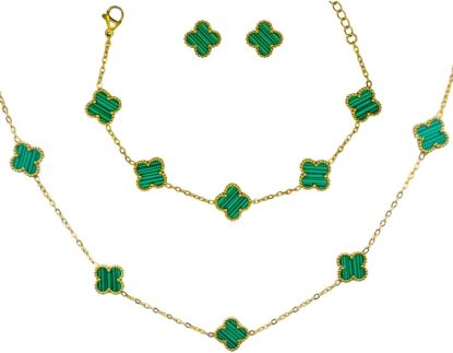 Kit Colar Choker Pulseira E Brinco Trevo Verde Gargantilha Sorte Luxo Elegante Virginia Aço Inox Dourado Inspire by Adriana