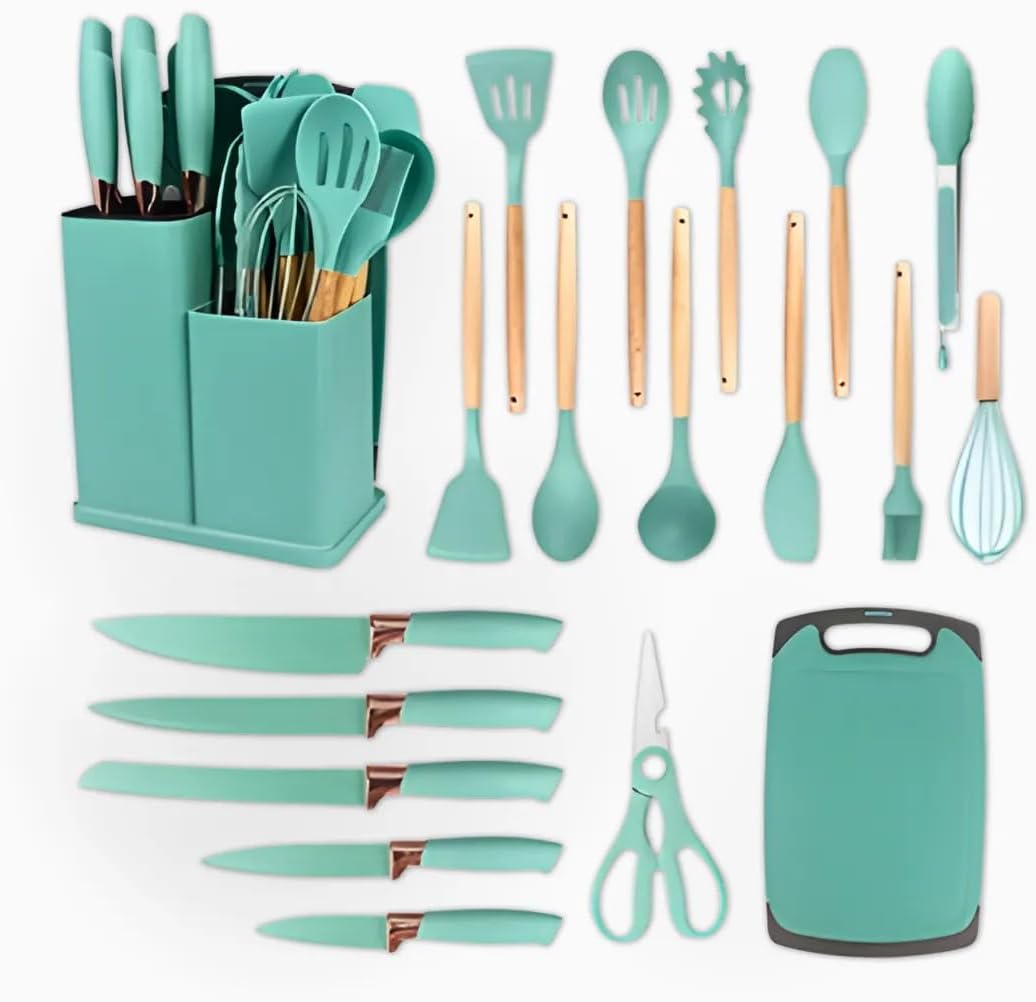 Kit-Completo-de-Utensilios-de-Cozinha-em-Silicone-com-19.jpg Kit Completo de Utensílios de Cozinha em Silicone com 19 Peças – Cabos de Madeira, Concha, Espátula, Colher, Suporte, Faca Antiaderente, Tábua, Tesoura e Faqueiro