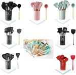 Kit Utensílios Para Cozinha Com 12 Peças, Silicone, Antiaderentes, Cabo Madeira, Resistente ao Calor, Possui Suporte, Colheres, Pegador, Fouet, Espatulas e Concha Premium Marca: LC Pagotti (VERDE)