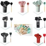 Kit Utensílios Para Cozinha Com 12 Peças, Silicone, Antiaderentes, Cabo Madeira, Resistente ao Calor, Possui Suporte, Colheres, Pegador, Fouet, Espatulas e Concha Premium Marca: LC Pagotti (VERDE)
