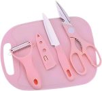Kit de Utensílios de Cozinha com 4 Peças: Faca, Descascador, Tesoura e Tábua (Rosa)