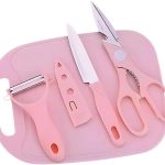 Kit de Utensílios de Cozinha com 4 Peças: Faca, Descascador, Tesoura e Tábua (Rosa)