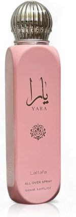 Lattafa Yara All Over Spray 150 ml – Perfume floral para mulheres | tangerina, heliotrópio, Gourmand Accord e sândalo | Fragrância de longa duração para corpo, cabelo e roupas