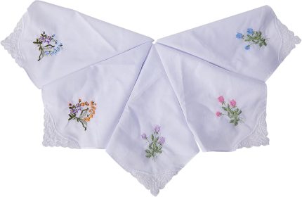Lenços bordados de algodão com renda, design floral, estilo vintage feminino, branco, pacote com 6
