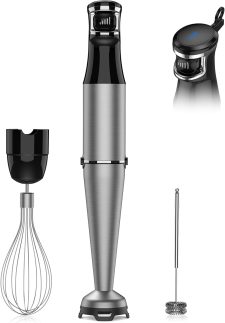 Liquidificador de imersão portátil 1100W - Conjunto de liquidificadores manuais 3 em 1 com controle de velocidade de gatilho em bastão de emulsão de aço inoxidável com batedor e espumador de leite