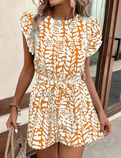 Macacão feminino estampado com cintura amarrada, macacão casual de manga borboleta para o verão e férias