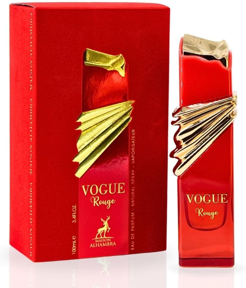 Maison-Alhambra-Vogue-Rouge-Eau-de-Parfum-Spray-100-ml.jpg Maison Alhambra Vogue Rouge Eau de Parfum Spray 100 ml – Perfumes árabes de longa duração para mulheres, aroma frutado, floral e quente, perfume feminino premium com notas de almíscar, âmbar e