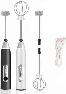 Mini Mixer Misturador Processador Elétrico Portátil Inox Recarregável USB 2 em 1 Prepara Bebidas Cremosas Fuê Batedor de Ovos, Café Cremoso, 3 Velocidades Turbo Sem Fio Gourmet Premium Preto e Branco