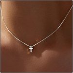 Mini colar com cruz pequena, pingente de gargantilha prata brilhante para mulheres, 16 inches + 2 inches, Ouro branco, Sem Pedra Preciosa