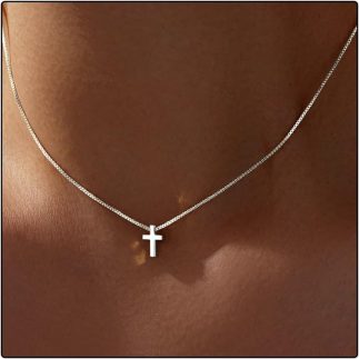 Mini colar com cruz pequena, pingente de gargantilha prata brilhante para mulheres, 16 inches + 2 inches, Ouro branco, Sem Pedra Preciosa