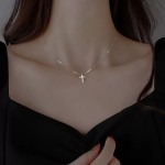 Mini colar com cruz pequena, pingente de gargantilha prata brilhante para mulheres, 16 inches + 2 inches, Ouro branco, Sem Pedra Preciosa - Imagem 2