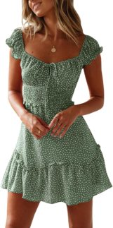 Minivestido feminino de verão com manga e babados e decote em coração