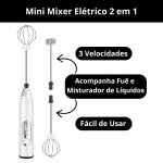 Misturador Mini Mixer 2 em 1 Fuê Portátil Elétrico Recarregável USB 3 Velocidades - Imagem 2
