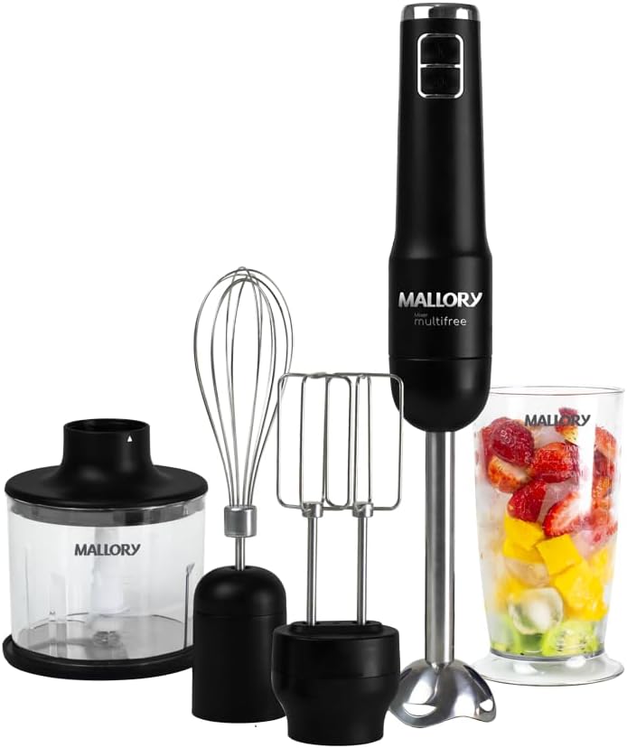 Mixer-Mallory-Multifree-–-4-em-1-14000-RPM-Bateria.jpg Mixer Mallory Multifree – 4 em 1, 14.000 RPM, Bateria de Longa Duração, Função Pulsar e Turbo, Lâminas de Aço Inox, Copo Ultra Resistente - Bivolt