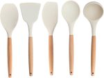 Oikos - Kit 5 Utensílios de Silicone Off White com Cabo de Madeira para Cozinha
