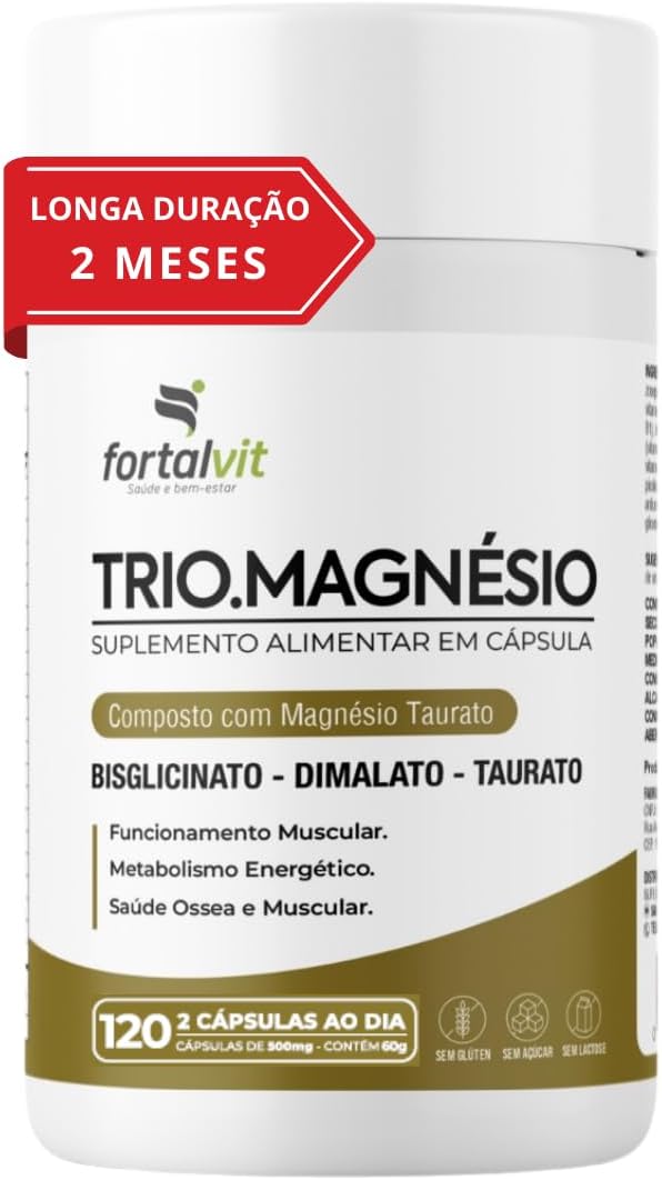 TRIOMAGNESIO-Longa-Duracao-2-Meses-de-Uso-Bisglicinato.jpg TRIO.MAGNÉSIO - Longa Duração: 2 Meses de Uso, Bisglicinato - Dimalato - Taurato, 260mg Alta Concentração,120 Cápsulas, Fortalvit