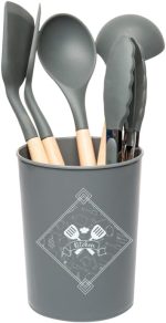 WOLFF - Conjunto 5 Utensílios para Cozinha de Silicone com Suporte Cinza