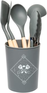 WOLFF - Conjunto 5 Utensílios para Cozinha de Silicone com Suporte Cinza